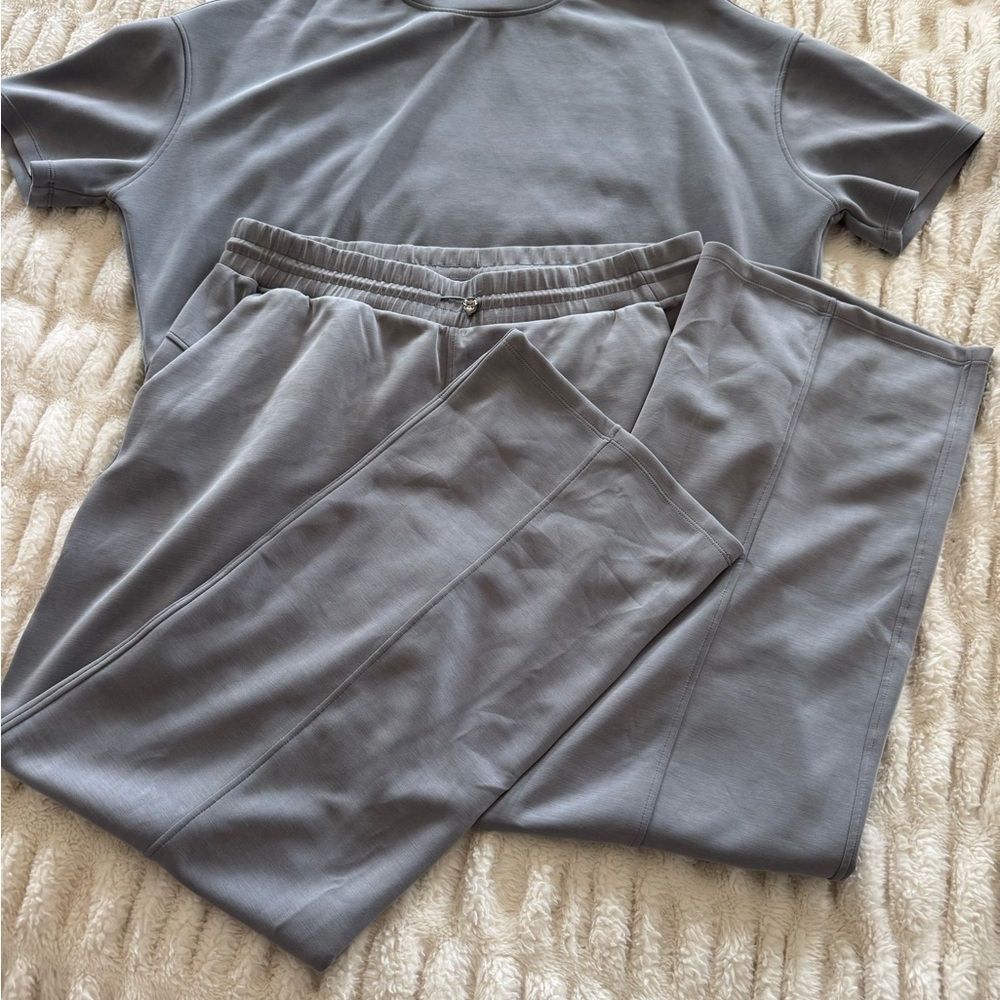 ODODOS Modal Lounge Set Grey Blue Short Sleeve Top & Wide Leg Pants XL